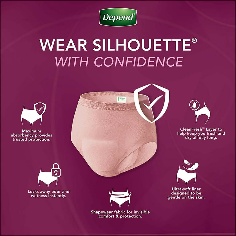 Depend Silhouette Adult Incontinence and Postpartum Underwear for Women,  Small (26–34 Waist), Maximum Absorbency, Black, 60 Count (2 Packs of 30)
