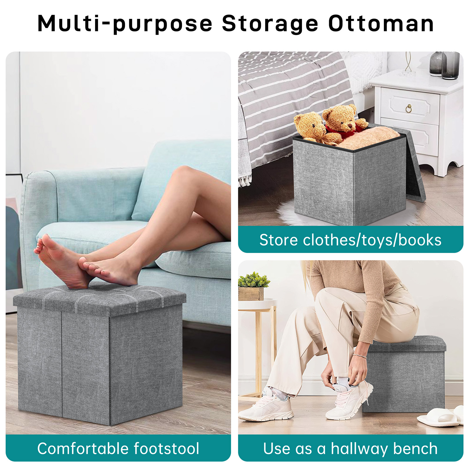 Cshidworld 40L Folding Storage Ottoman Stool, Gray photo 2