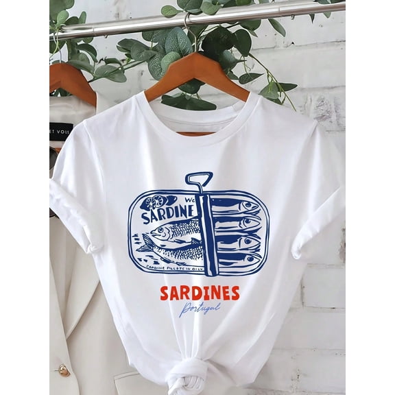 Retro Women's T-Shirt 2026 Sardine Graphic Print T-Shirt - Short Sleeve Crew Neck Casual Top With Vintage-Inspired Tops For Women