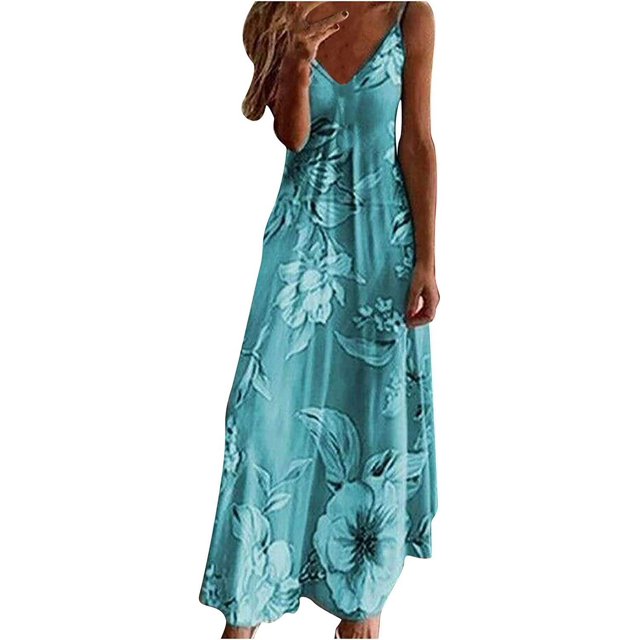 LAICAIW Robe d'Été Teinture sur Nœuds Florale Col en V Aguichant Sans Manches Femme Longue Mode Ample Maxi Robes Plage Fête Robe d'Été