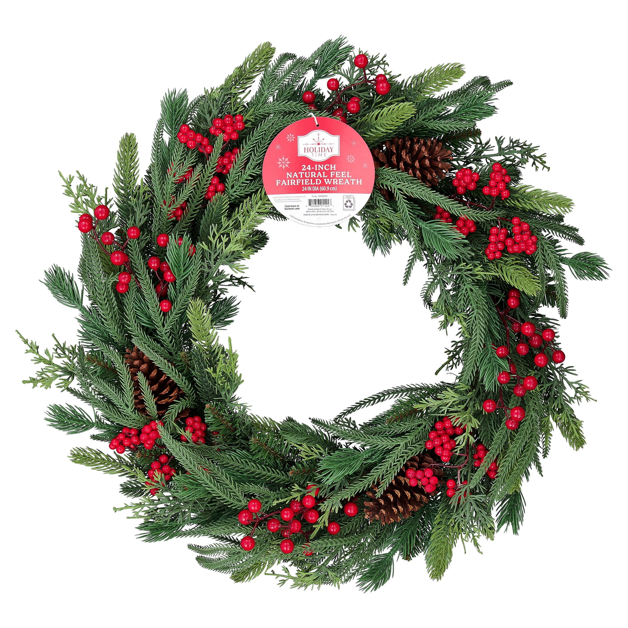 Natural Feel Fairfield Artificial Christmas Wreath with Berries and Pinecones, Green and Red, 24", by Holiday Time
