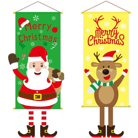 Merry Christmas Banner, 2 Pcs Santa Elk Christmas Hanging Wall Decorations, 43.3" x 15.7" Christmas Door Hanging Sign with Hooks, Indoor/Outdoor Xmas Party Backdrop Decorations