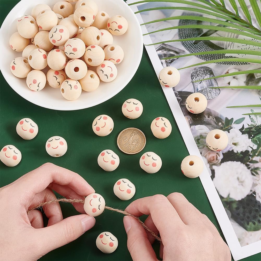 150Pcs 20mm Face Wood Beads Round Wooden Beads Painted Head Bead Face Beads Natural Round Spacer Bead with 0.2 Inch Hole