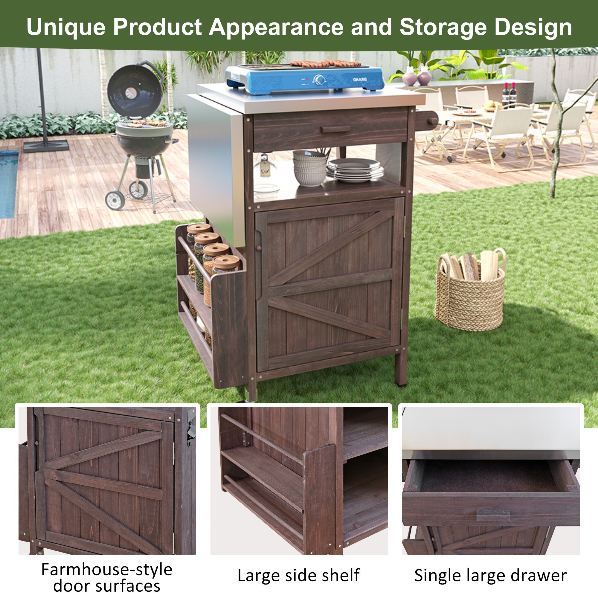 AENKYO Outdoor Grill Cart with Stainless Steel Top, Drop Leaf, Cabinet & Wheels, BBQ Prep Table for Patio & Backyard, Brown