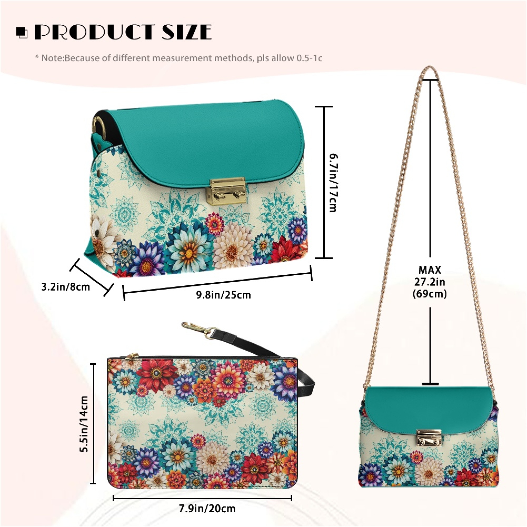 TSOVTHRID Women's Crossbody Handbags Leather Waterproof Crossbody Bags for Women Trendy Cross Body Bag with Detachable Chain, Boho Mandala Flower Turquoise Print