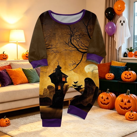 Matching Halloween PJs Set for Family, 2 Piece Long Sleeve Top and Pants Lounge Sleepwear Nightwear for Family Gathering