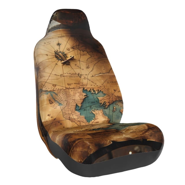 Wukai Antique Map Adventure Scene Full Set Car Seat Covers with Soft Padding Universal Auto Front Seats Protector and Cushion Mat