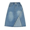 thumbnail image 4 of Coerni Girls Ripped Stretch Waist Denim Skirt Washed Denim A-line Maxi Skirt with Pocket New Mid Length Slit Raw Hem Clothes, 4 of 5