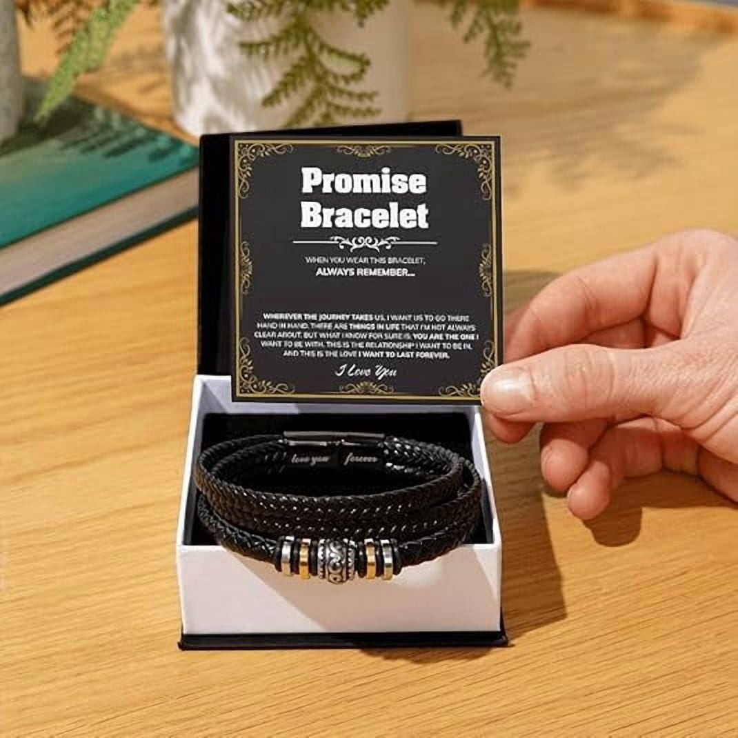 Leather Bracelet for Men, Love You Forever Engraved Bracelet, Promise Bracelet Gift For Boyfriend, Boyfriend Gift from Girlfriend with Message Card and Box, Anniversary Gift