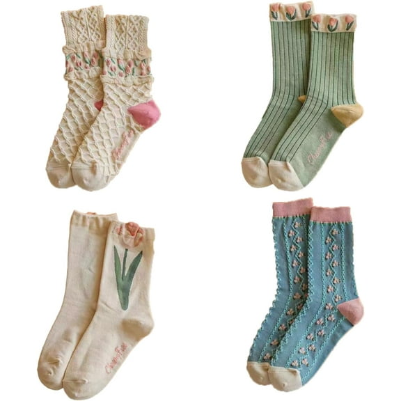 4 Pairs tulip Cute Socks, Women's Lace Ruffles Ankle Casual Sock, Cottagecore Breathable Mid Tube Socks, Floral Crew Socks