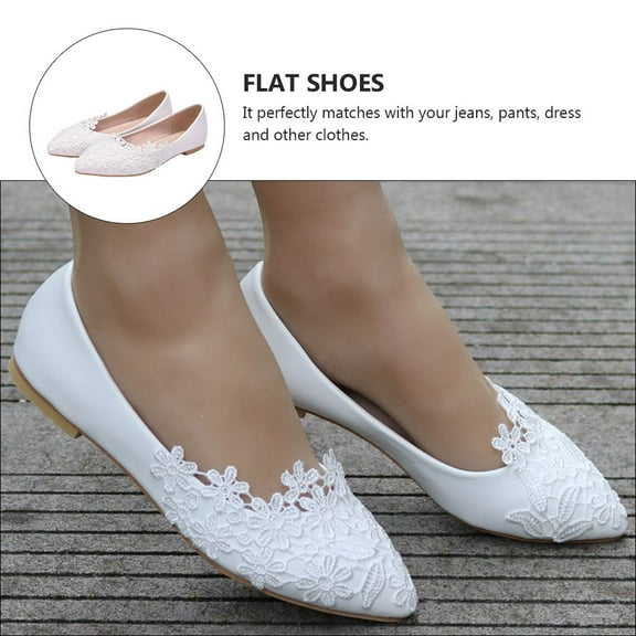 TABLZONE Women's White Lace Flat Shoes with Pointed Toe, Elegant Casual and Wedding Footwear, Size 8
