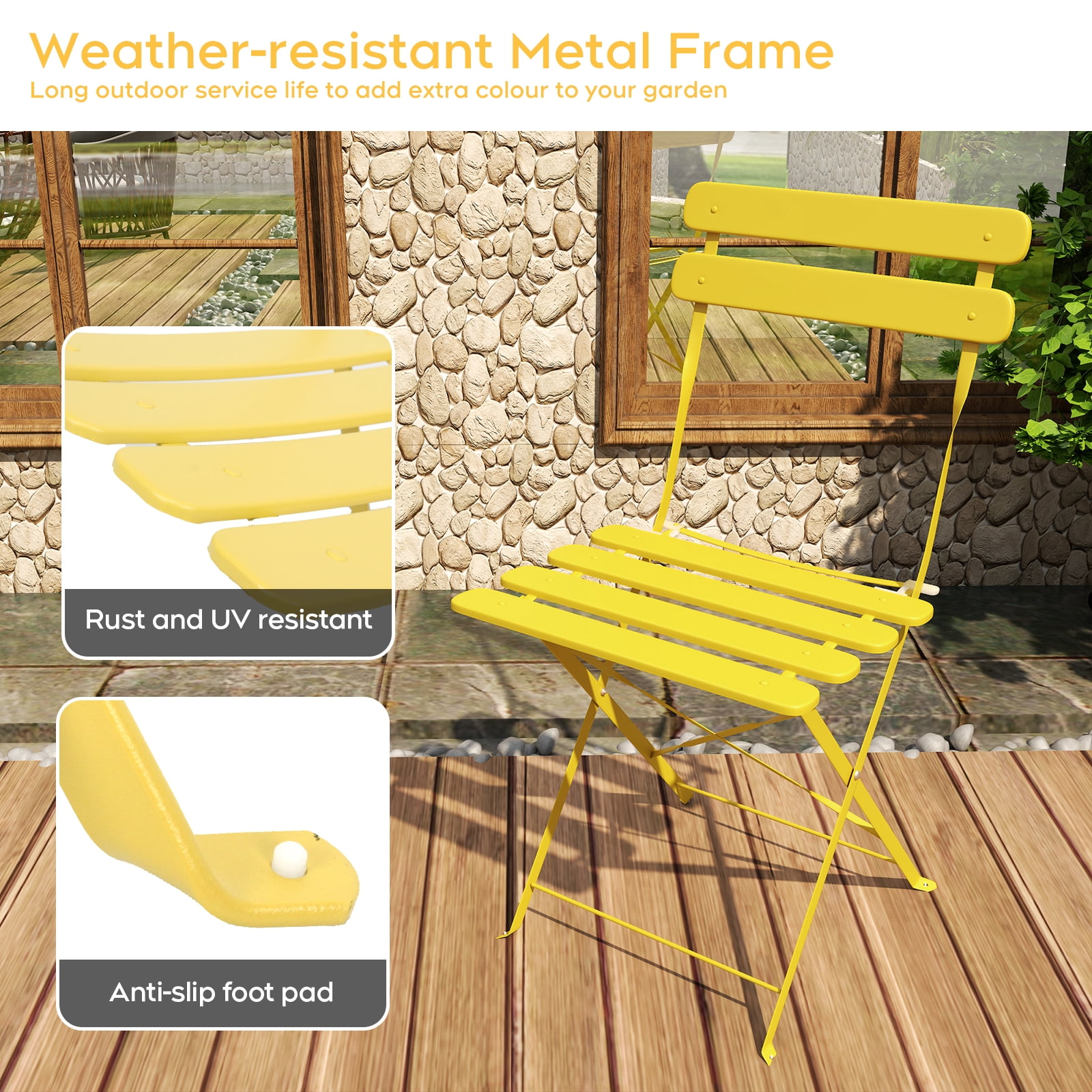 3‑Piece Yellow Folding Bistro Table and 2‑Chair Set, Indoor & Outdoor Patio Furniture with Cushions, Heavy‑Duty Rust‑Resistant Frame for Balcony Yard Garden