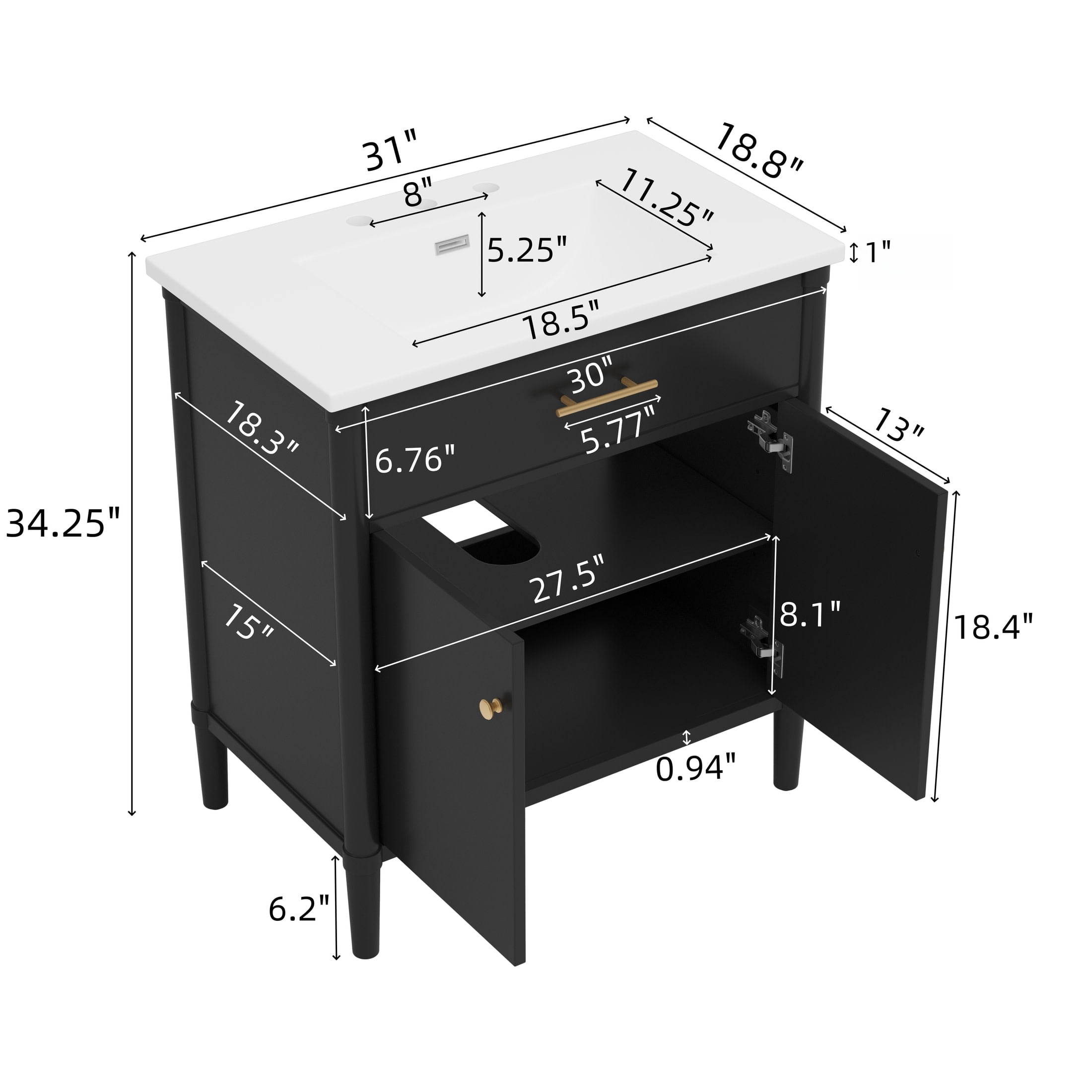 Christopher Knight Home 31" Modern Bathroom Vanity, Adjustable Shelf Cabinet with Ceramic Sink, Black