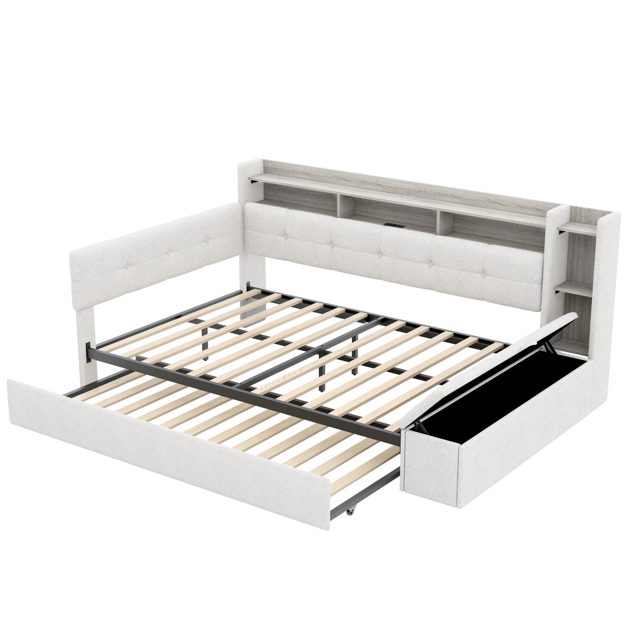 Noble House Brevon Full Size Upholstered Daybed with Trundle, Built-in USB Charging Station and LED Light, Beige
