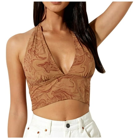 

CYMMPU Women Clothing Women s Cropped Tank Cami Solid Summer Shirts Streetwear Sexy Bustier Sleeveless Slim Fit Crop Tops Round Neck Tank Khaki