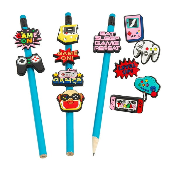 Fun Express 3/4" Gamer Themed Rubber Pencil Charms Assortment - 24 Pieces