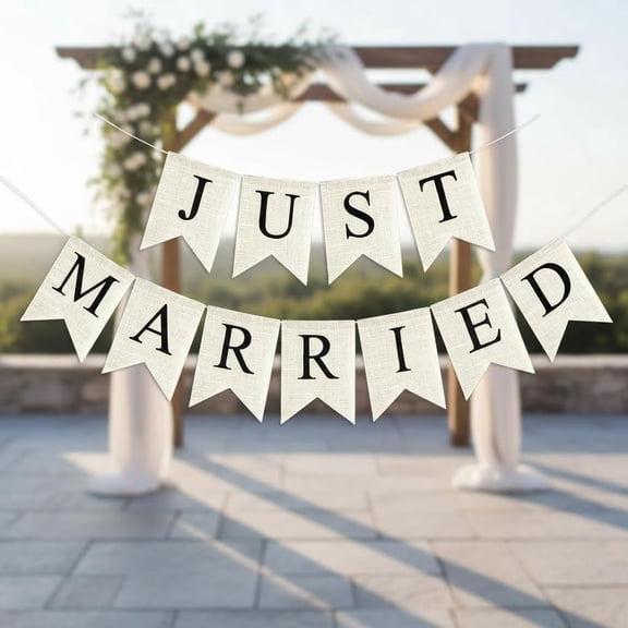 Just Married Banner Burlap Vintage, Rustic Just Married Banner Cream White with Black Letters, Pre-Assembled Wedding Car Decoration, Wedding Bunting Bridal Shower Decoration