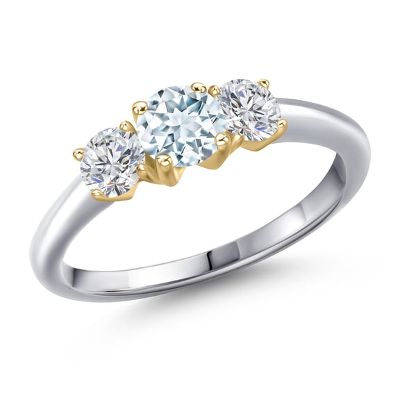 Gem Stone King 925 Silver and 10K Yellow Gold Sky Blue Aquamarine and Lab Grown Diamond Engagement Ring for Women | 1.04 Cttw | Round 5MM | Gemstone March Birthstone | Size 6