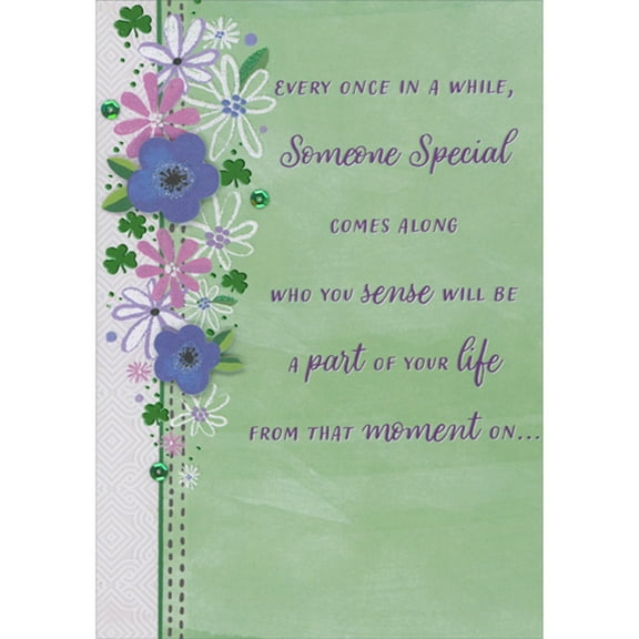 Designer Greetings Every Once in a While: 3D Die Cut Purple Flowers, Green Sequins Hand Decorated St. Patrick's Day Card