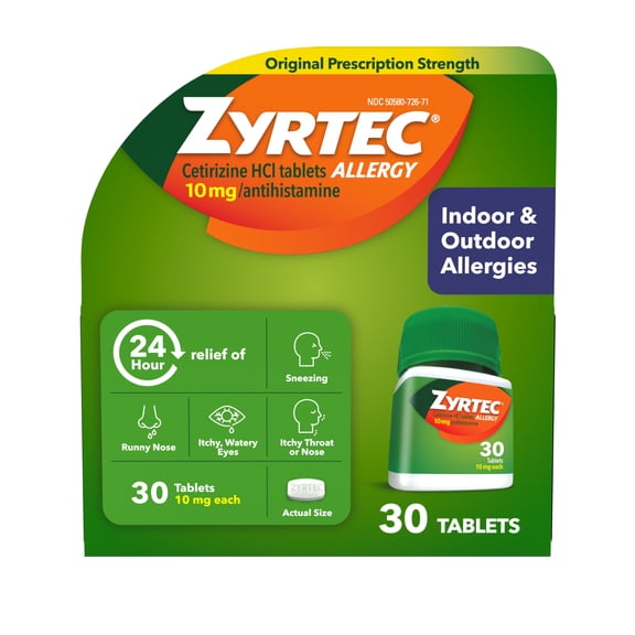 Zyrtec 24 Hour Allergy Relief Tablets with 10 mg Cetirizine HCl, 30 Count