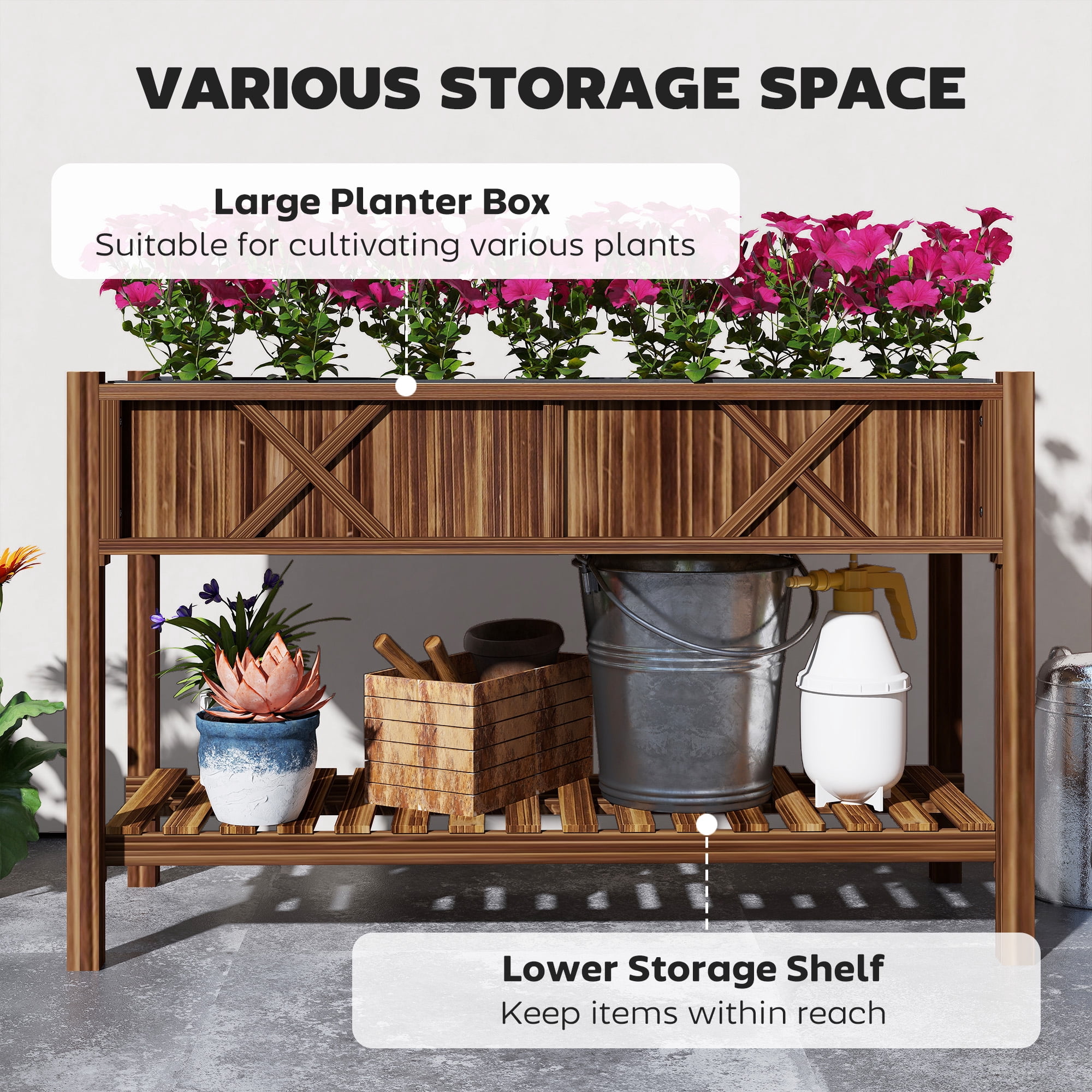 Dual-Tier Raised Garden Bed, Elevated Wood Planter Box with Storage Shelf, Drainage Holes and Liner