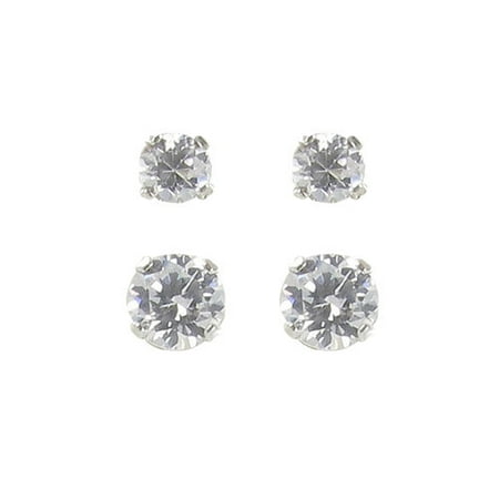 CZ Sterling Silver Basket-Set Round Stud Earrings Set, 3mm-4mm, 2 Pairs