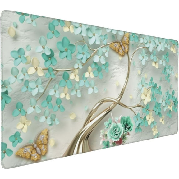Gaming Mouse Pad Large Desk Mat,Desk Pad Extended Keyboard Pad,Anti-Slip Rubber Base Mouse Pad for Women Girls Work,Game,Office,Home 35.4"X15.7",Golden Butterfly and Green Flowers