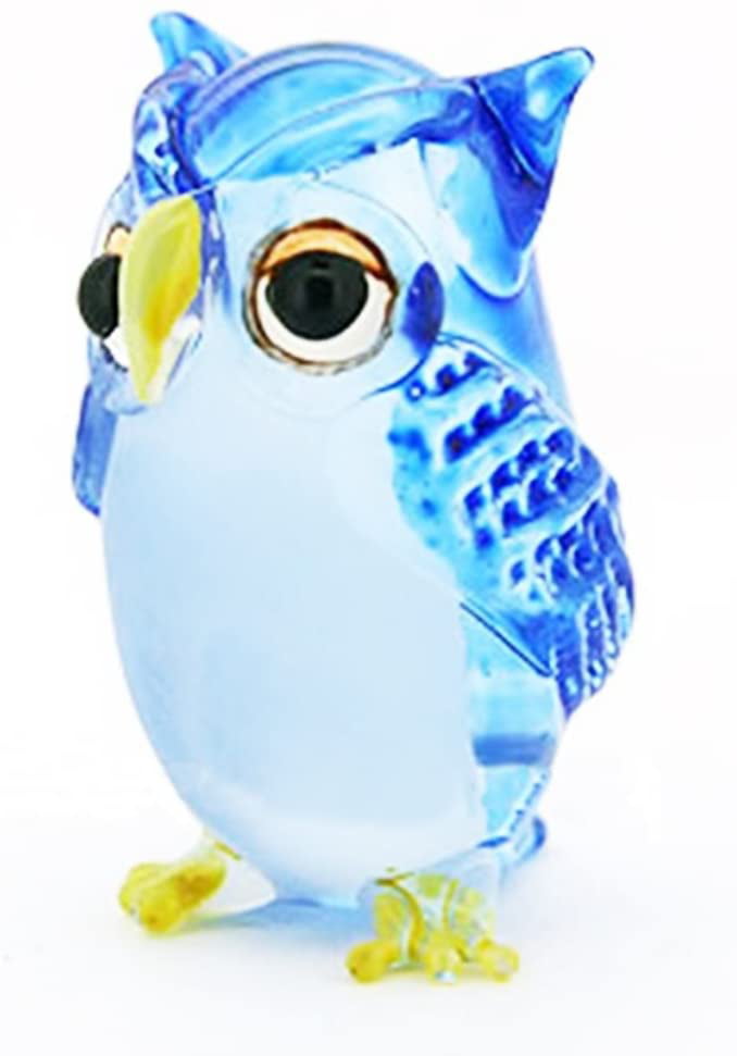 Blue Owl Hand Blown Glass Figurine Miniature Animals Handmade Decor Collectible 