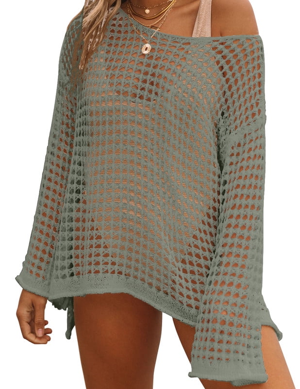 DAKIMOE 2023 Crochet Cover Up for Women Sexy Hollow Out Long Sleeve
