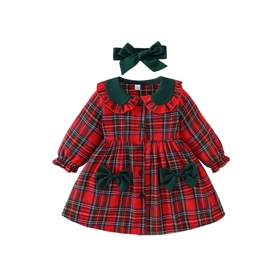 Gzhioc Toddler Baby Girls Christmas Dress 6 9 12 18 24 Months 2T 3T Long Sleeve Doll Collar A-line Dress with Headband