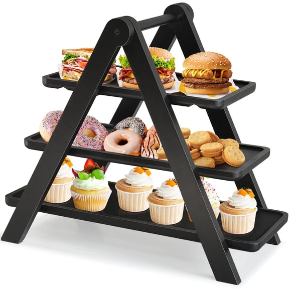 Wood 3 Tier Serving Trayn, Cupcake Stand, Rectangle Serving Platter, Wooden Farmhouse Tiered Tray, Party Serving Black Decorative Tray Decor, Dessert Display