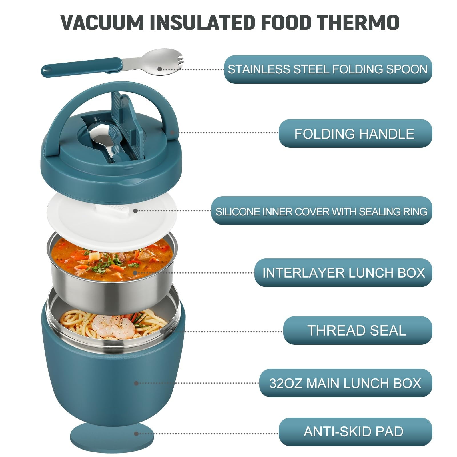 Thermo Food Jar for Hot Food Adults 32OZ Soup Thermo Lunch Containers Wide Mouth Vacuum Insulated Stainless Steel Leakproof Bento Box with Spoon (lake blue)