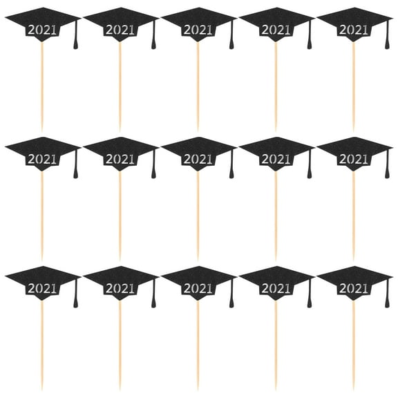 OUNONA Graduation Cake Picks with Black Trencher Caps Shape for Party Decorations 32 Pieces