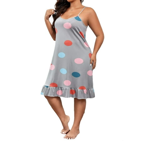 

Cute Polka Dot Spaghetti Strap Slip Dress Light Grey Sleeveless Plus Size Nightgowns & Sleepshirts