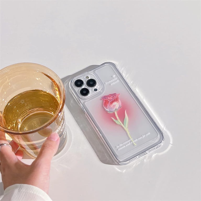 Flower Phone Case for iPhone 15 Pro, Cute Aesthetic Clear Pink