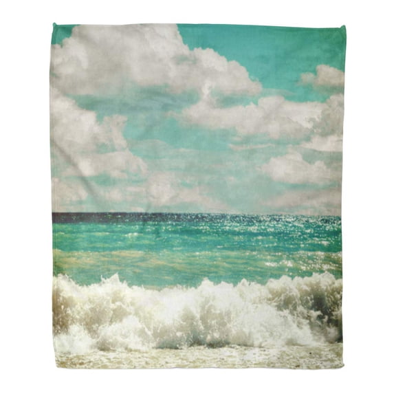 SIDONKU Throw Blanket 58x80 Inches Blue Beach Sea with Waves and Clouds Sky in Retro Style Vintage Ocean Landscape View Warm Flannel Soft Blanket for Couch Sofa Bed