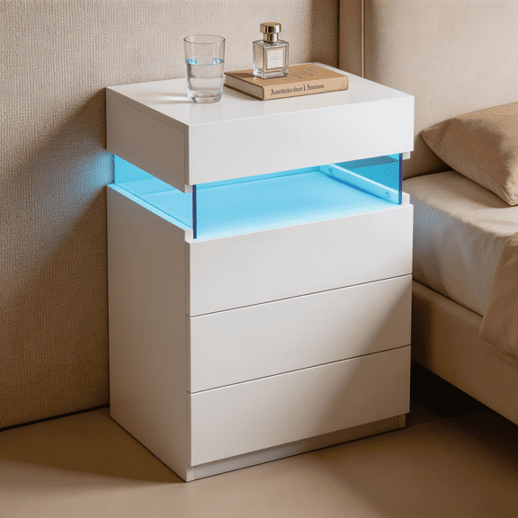 SAYGOGO White Nightstand with LED Lights, 4-Drawer Night Stand with Acrylic Panel, Modern Bedside Table for Bedroom, Living Room