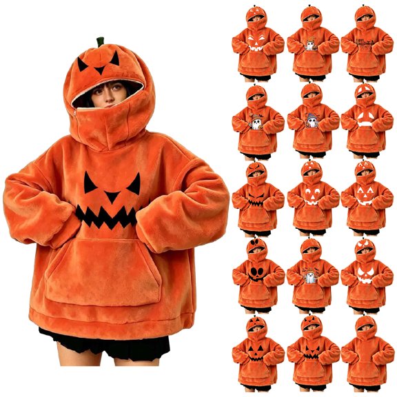 Halloween Hoodie for Women Funny Pumpkin Mask Long Sleeve Fleece Tops Plus Size Fashion Casual Sweatshirt with Pocket (XL, Orange-11)