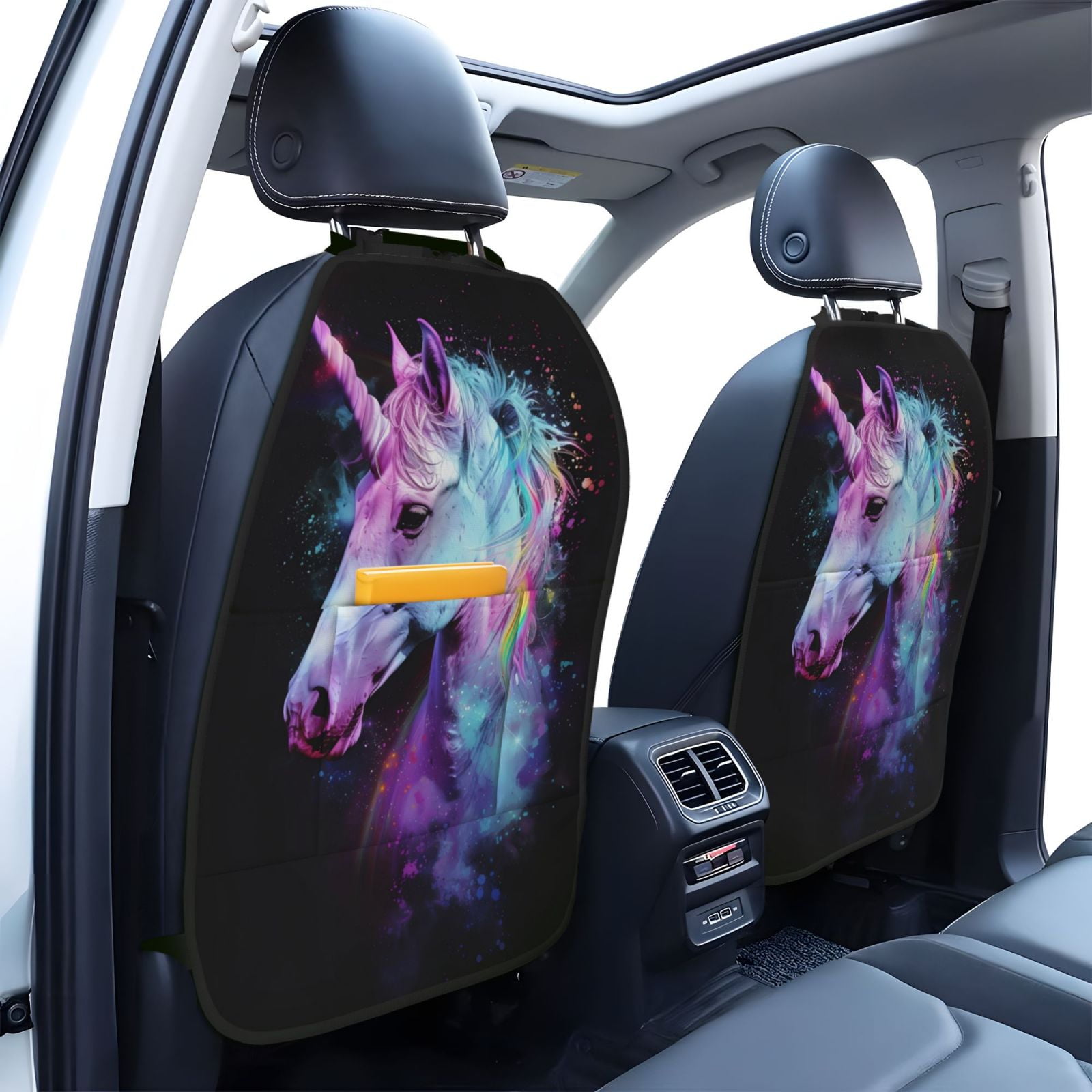 Xecao Rainbow Spotted White Horse Pattern Car Seat Back Protector 2 Pack Large Capacity Pocket, Kick Mats Back Seat Protector