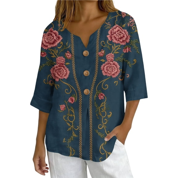 Ruimatai Women's Cotton Linen Shirt V-Neck Loose Blouse Top with Long Sleeve, Soft Breathable Comfortable Tunic for Casual Daily Wear