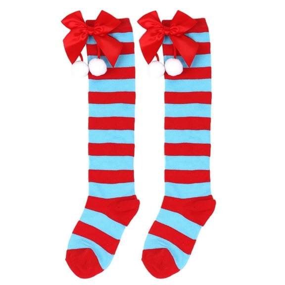 nvzhuang Girl Christmas Thigh High Socks, Striped Print Teen Girls Over the Knee Long Socks with Bowknot