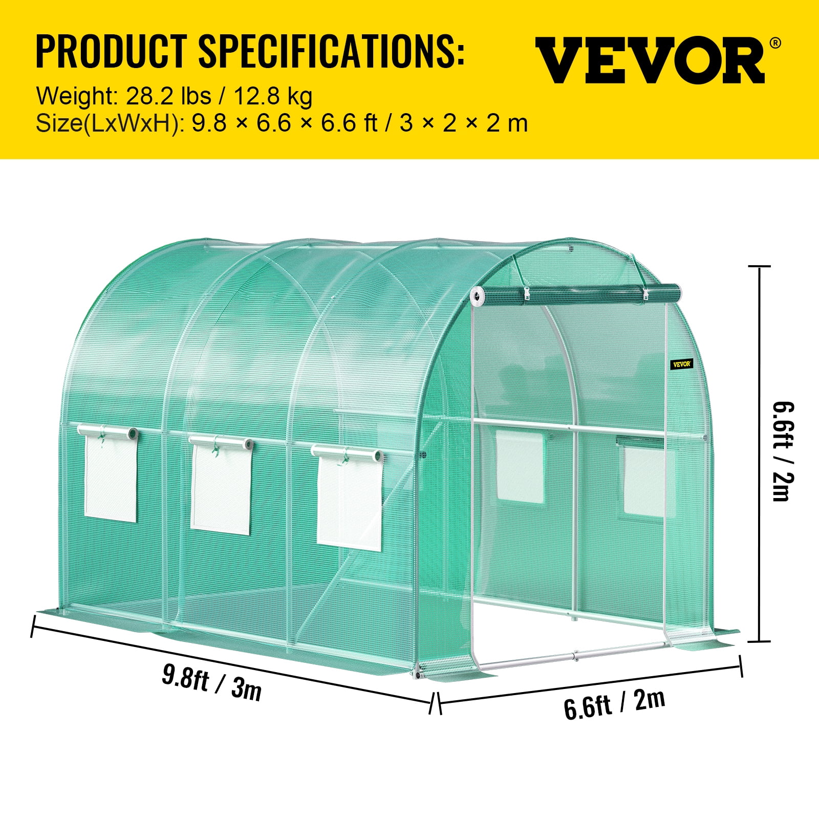 VEVOR Walk-in Tunnel Greenhouse, 9.8 x 6.6 x 6.6 ft Portable Plant Hot House with Galvanized Steel Hoops, 1 Top Beam, Diagonal Poles