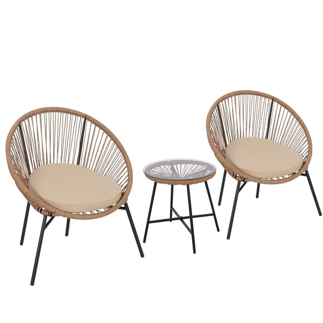 3 Piece Patio Rattan Bistro Set, Outdoor All Weather PE Wicker Conversation Furniture Set with 2 Chairs, Cushions & Tempered Glass Top for Poolside/Porch/Garden/Yard