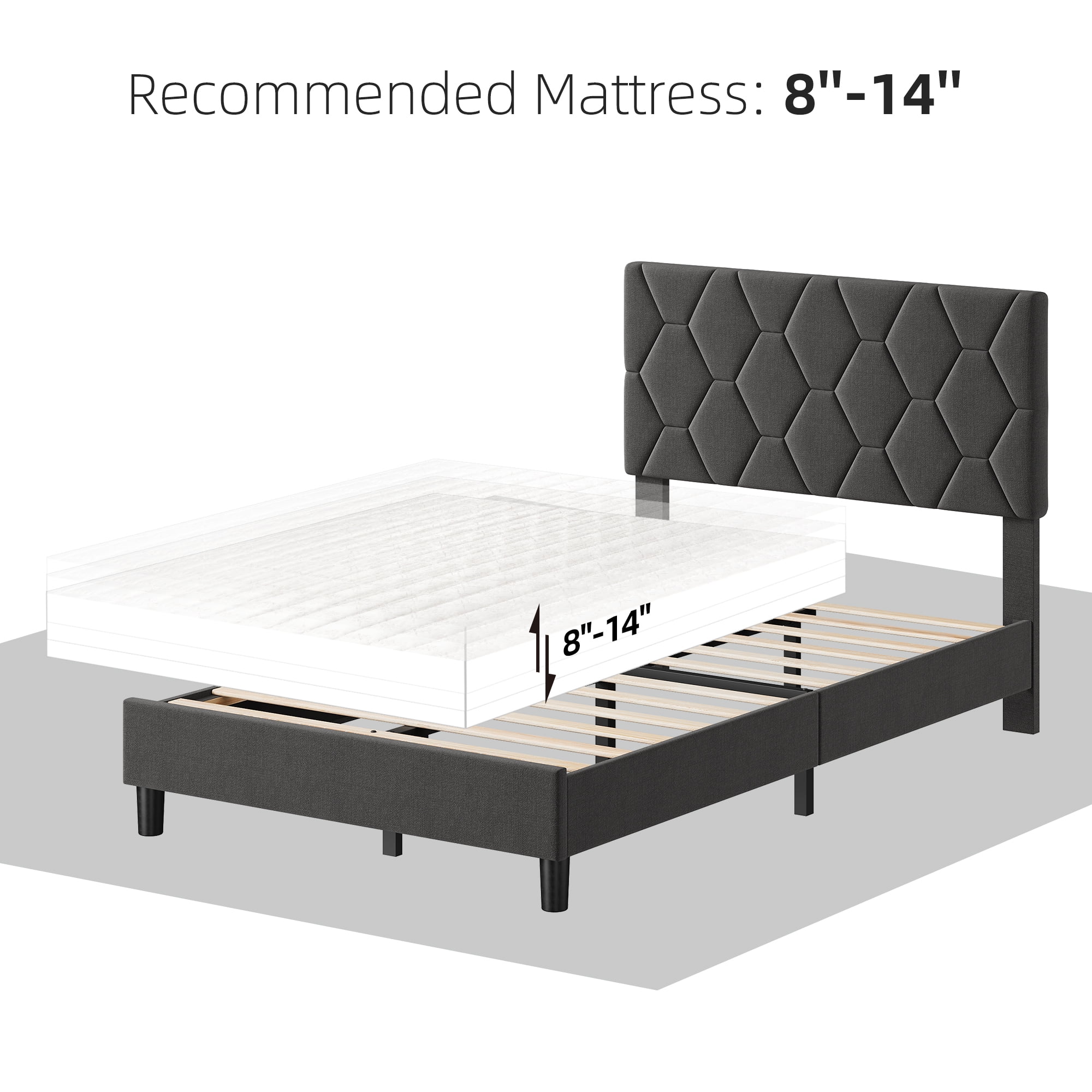 Twin/Full/Queen/King Size Bed Frame with Adjustable Headboard, Upholstered Linen Platform Bed Frame with Solid Wooden Slats Support No Box Spring Needed, Noise-Free, Easy Assembly, Grey