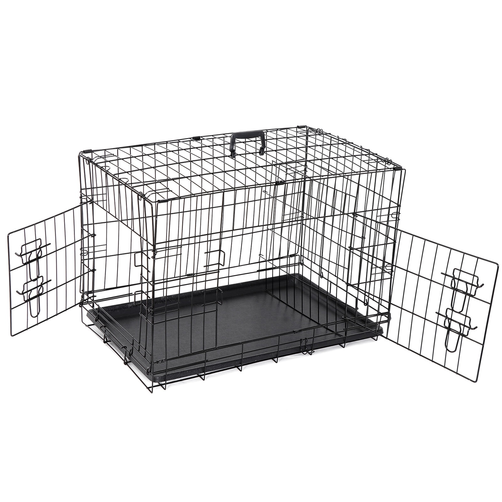 LINJH Durable Folding Metal Dog Crate Double Doors Pet Dog Crates Black Dog Cage 30"