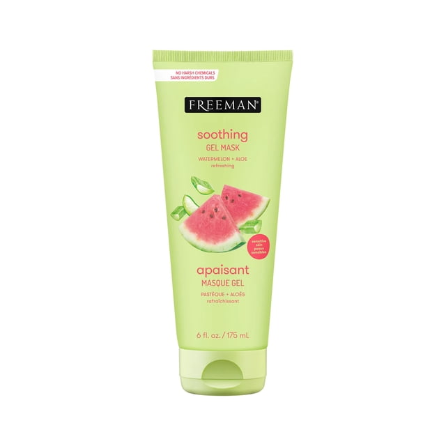 mascarilla facial freeman, gel calmante de sandía y aloe, 180 ml tubo frontal centrado de gel refrescante color verde claro con logotipo Freeman, ilustración de rodajas de sandía y hojas de aloe, tapa de presión en la base; indicada para piel sensible, con efecto calmante e hidratante y apta para múltiples usos.