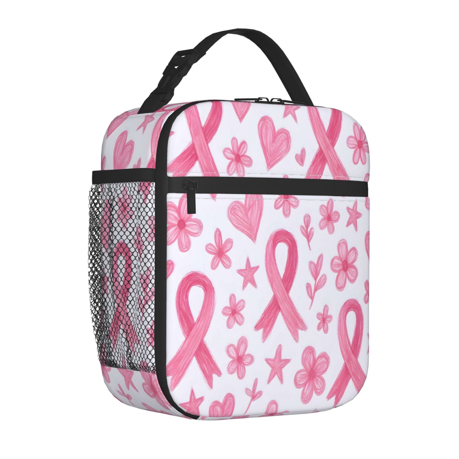 Lunch Bag For Women Men Insulated Portable Lunch Box Bento Box Office Picnic Travel Cooler Bag Artistic Pink Ribbon Pattern With Sketched Elements