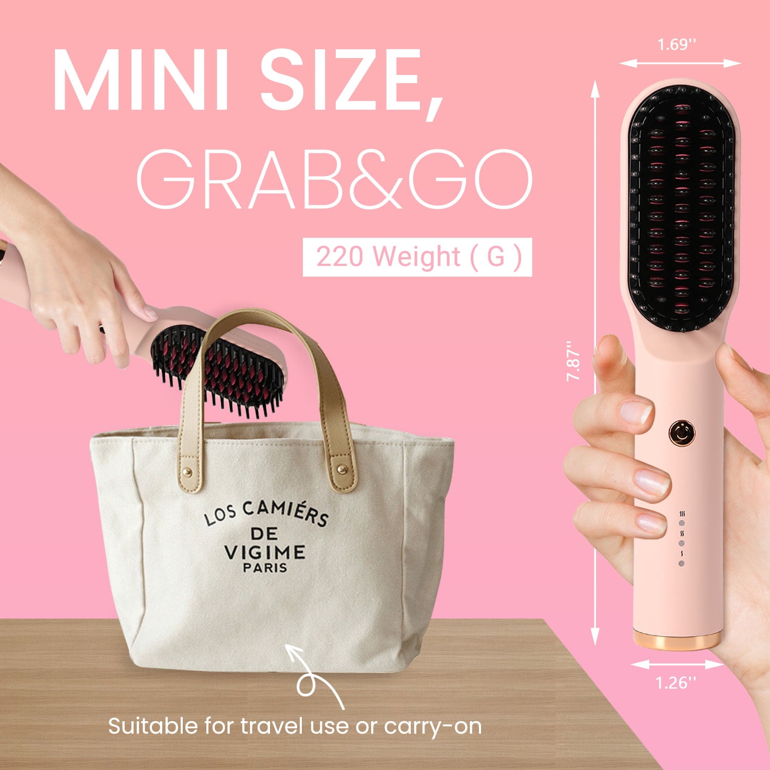 KIPOZI Hair Straightener Brush, Cordless Hair Straightener Brush Portable Hot Comb Straightener, USB Rechargeable & 3 Temp Settings & Anti-Scald, Pink