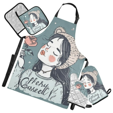 Girl with Bear Hat and Rose 5 Pcs Kitchen Set Heat Resistant Oven Mitts and Non-Slip Pot Holders with Adjustable Cooking Apron