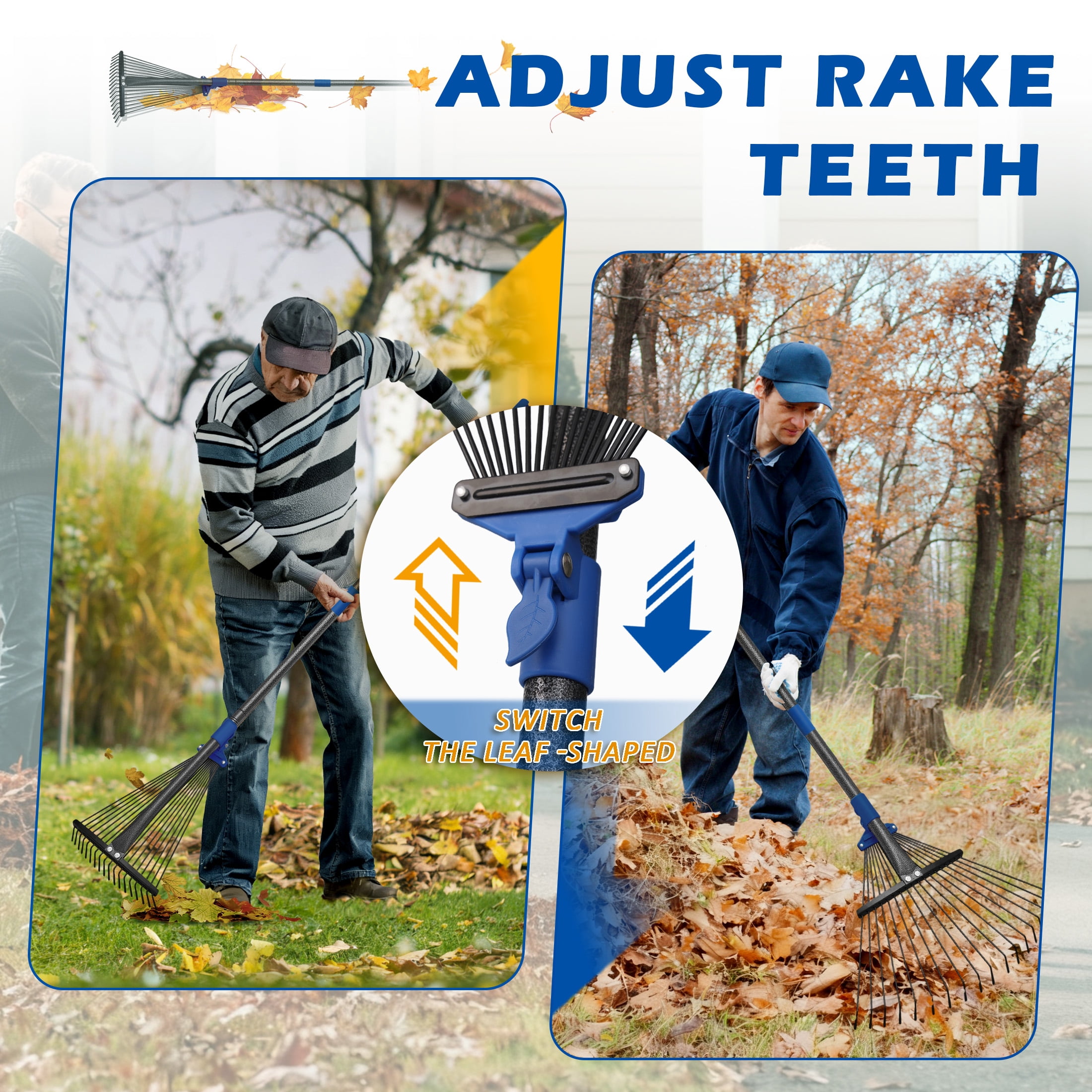 FENHRTVM Rake for Leaves,18 Teeth Adjustable Mental Garden Rake 75in Black Leaf Rakes for Lawns
